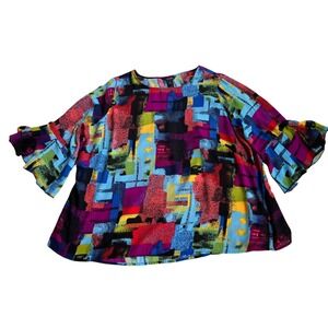 Ali Miles Bright Colorful Abstract Tunic Top Bell Sleeves Size 2X Art-to-Wear